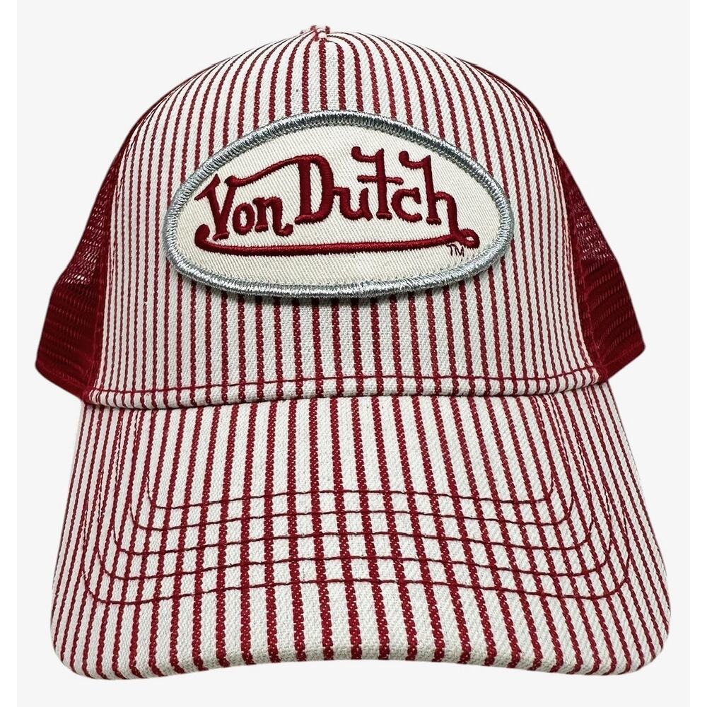 Von Dutch Trucker Hat Red/White Stripe Embroidered Logo Cap - Picture 2 of 7